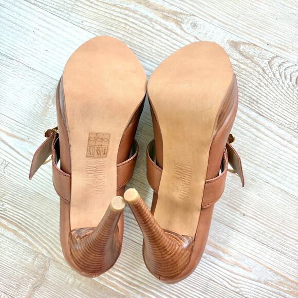 Love Moschino Leather Peep Toe Stacked‎ Heel Mary Jane Pumps | Brown 39 - Picture 10 of 11